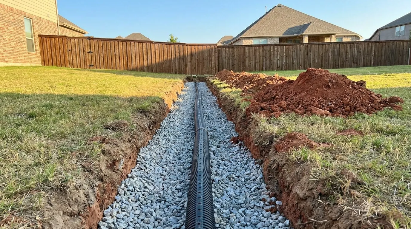 French drain trench with gravel and pipe on a Frisco lot