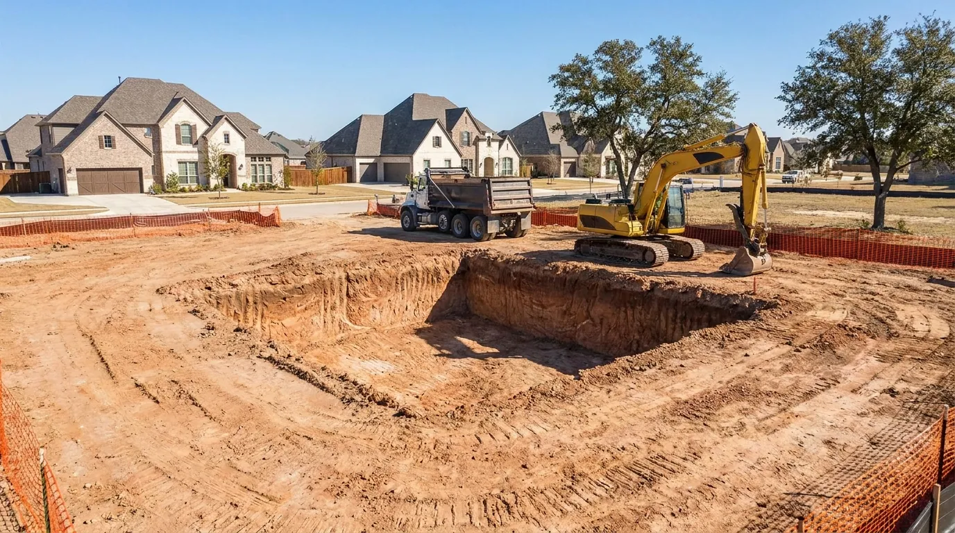 Foundation excavation underway beside an established home in Plano, Texas