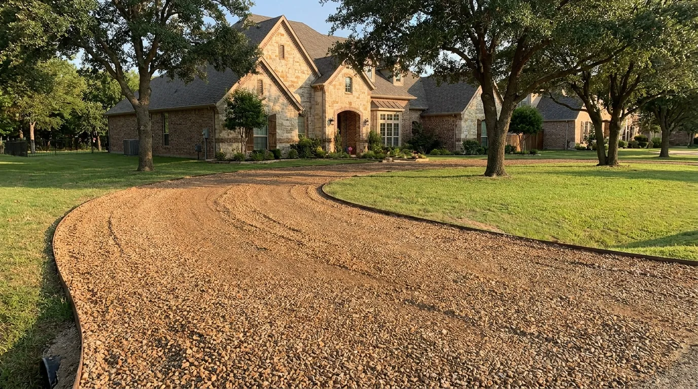 Newly installed crowned gravel driveway on a Frisco property