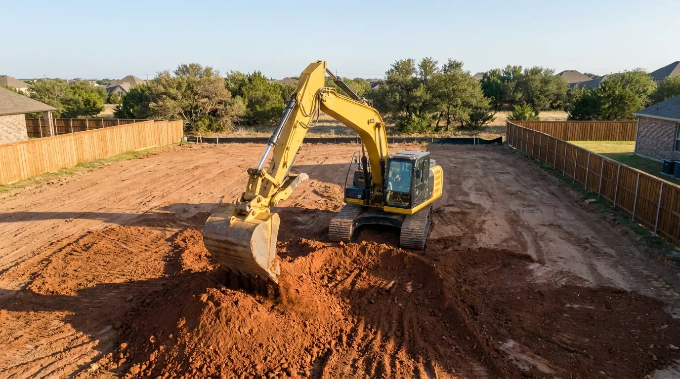 Excavator moving soil on a cleared building lot in Frisco, TX