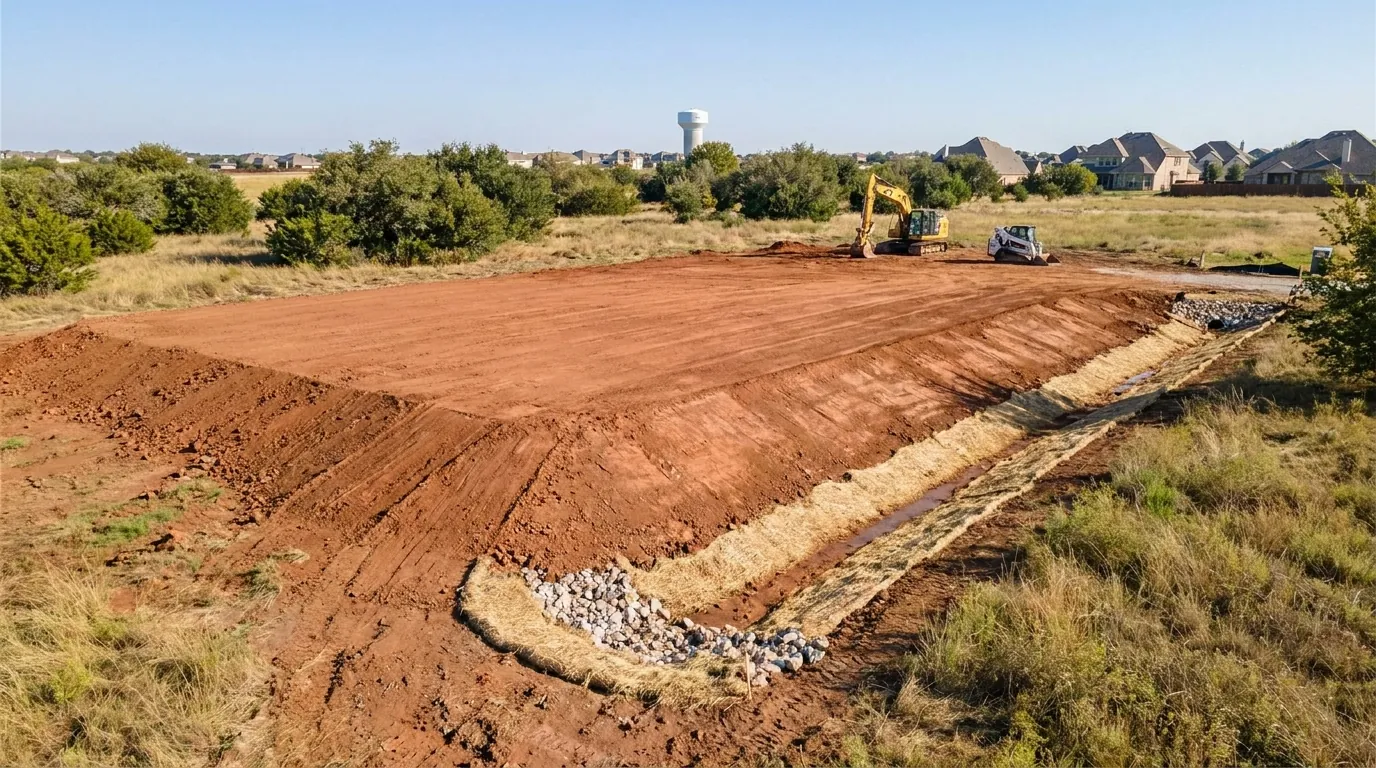 Graded building pad with drainage fall on a Frisco lot