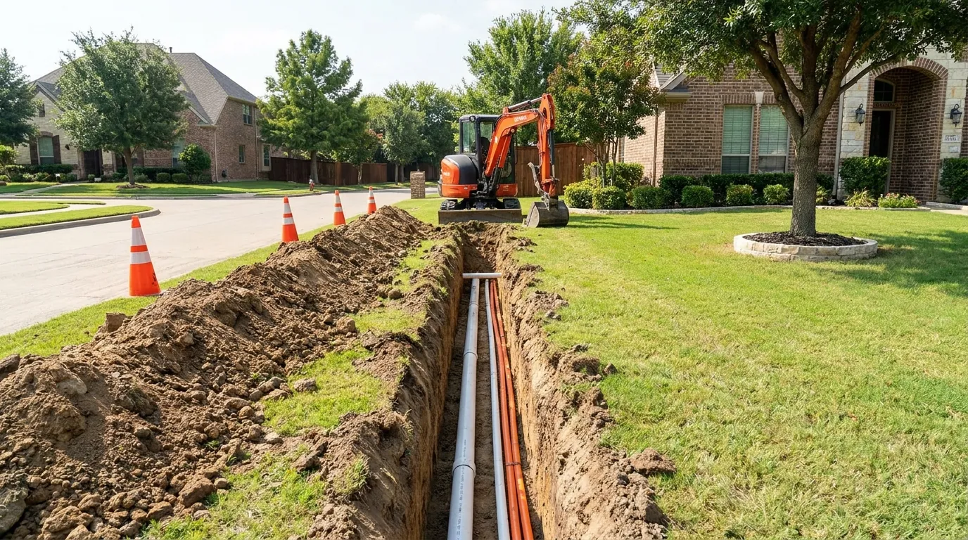 Open utility trench dug across a Frisco property